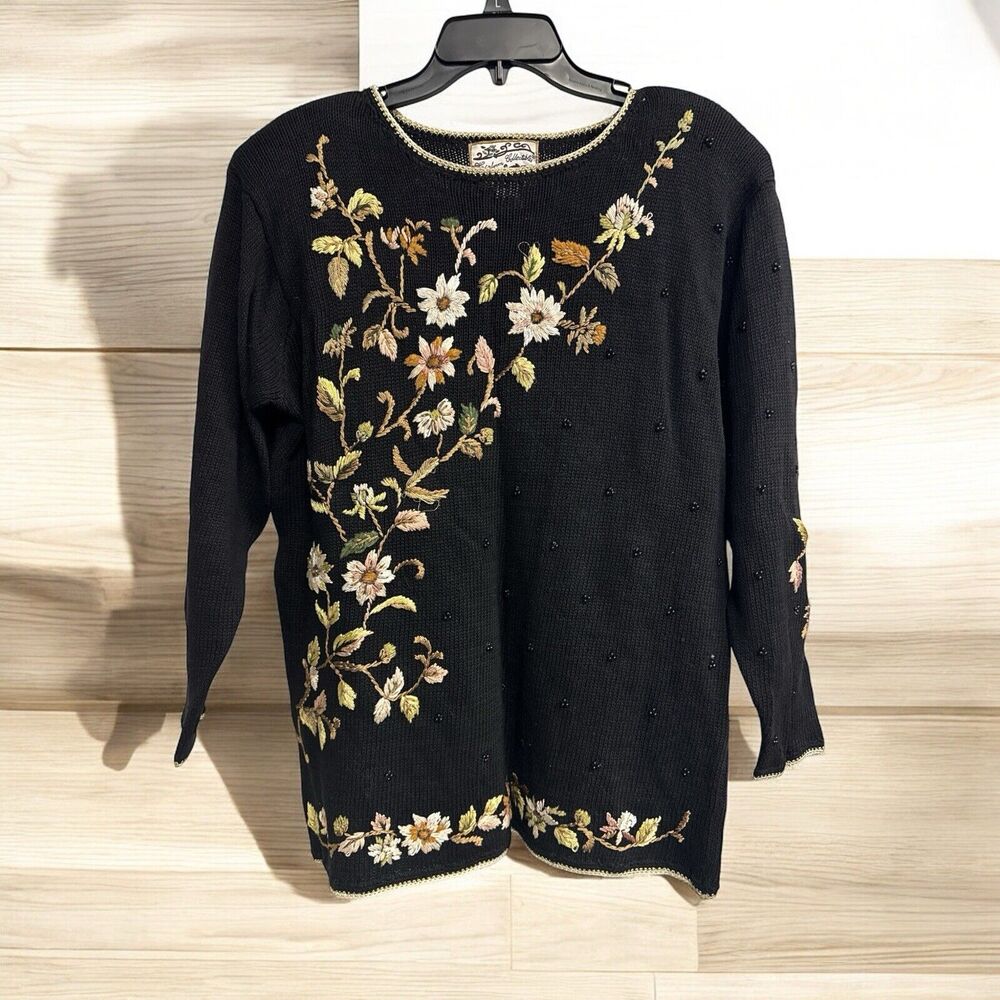 Vtg Heirloom Collectibles Black Floral Embroidery Sweater Boho Granny Women’s M